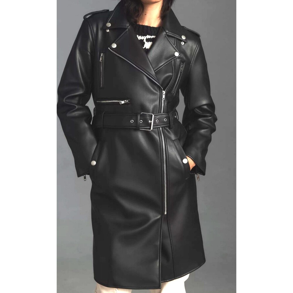 Anthropologie Mother Faux Leather Jacket XS Black Moto Belted Long Chopper NEW